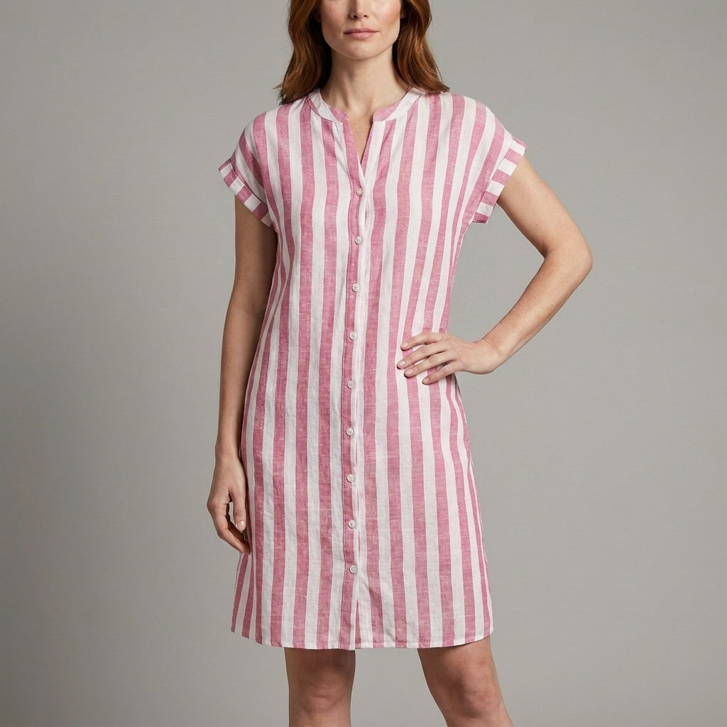 Coastal Stripe Button Front Mini Dress with Relaxed Silhouette