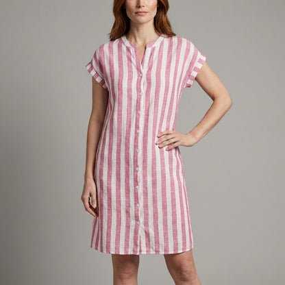 Coastal Stripe Button Front Mini Dress with Relaxed Silhouette