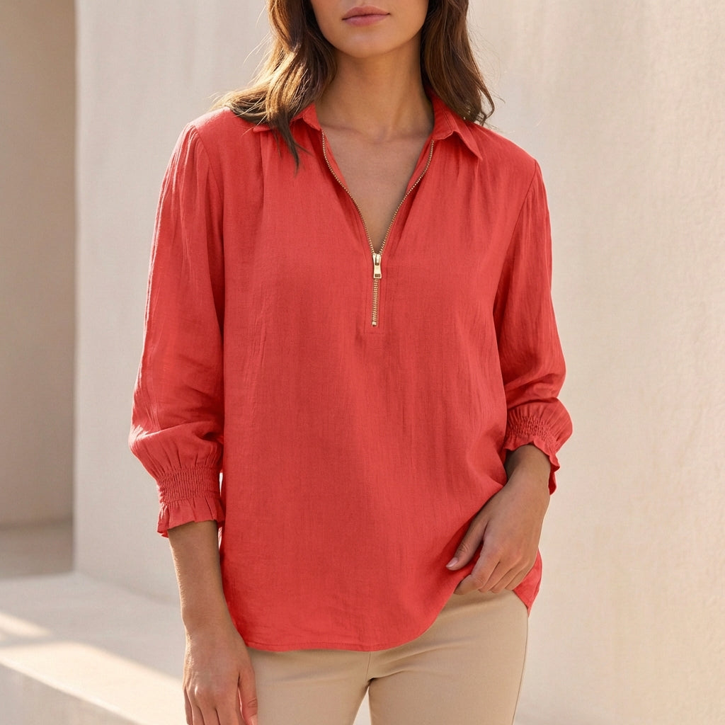 Linen Oversized Zip-Up Blouse with Gathered Cuffs and Relaxed Silhouette
