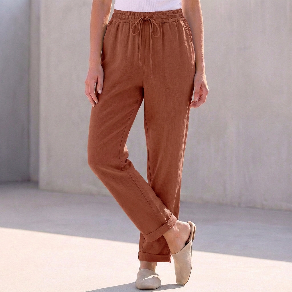 Relaxed Fit Cotton Linen Ankle-Length Pants with Drawstring Waist