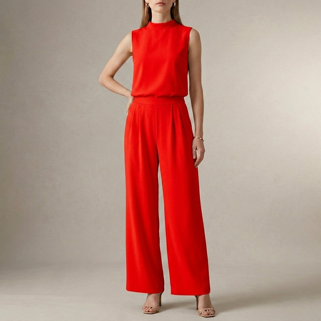 Tailored Sleeveless Mock-Neck Top with High-Waisted Wide-Leg Trousers Set