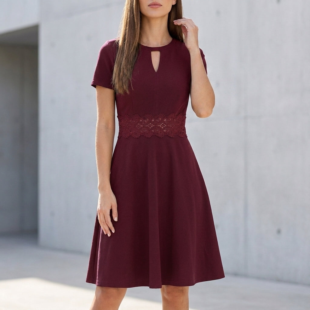 Structured A-Line Knee-Length Dress with Lace Waist and Keyhole Neckline
