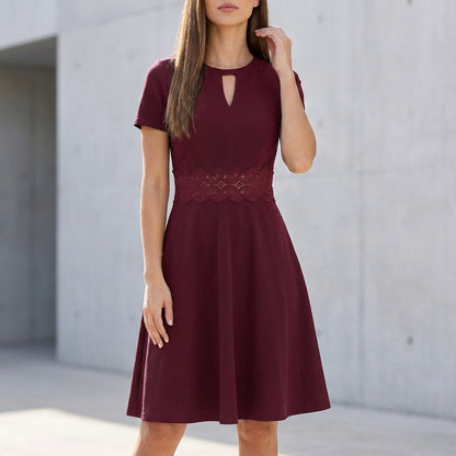 Structured A-Line Knee-Length Dress with Lace Waist and Keyhole Neckline