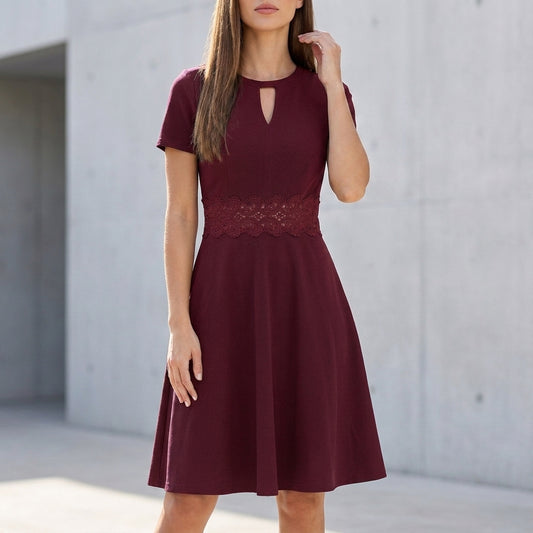 Structured A-Line Knee-Length Dress with Lace Waist and Keyhole Neckline