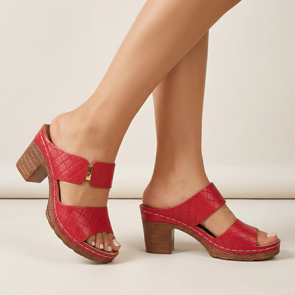 Quilted Two-Strap Block Heel Slide Sandals with Metallic Accent