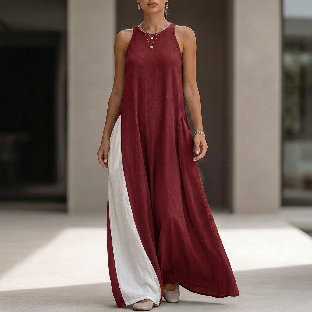 Relaxed Sleeveless Maxi Dress with High Neckline and Side Pockets