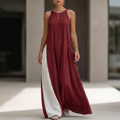 Relaxed Sleeveless Maxi Dress with High Neckline and Side Pockets