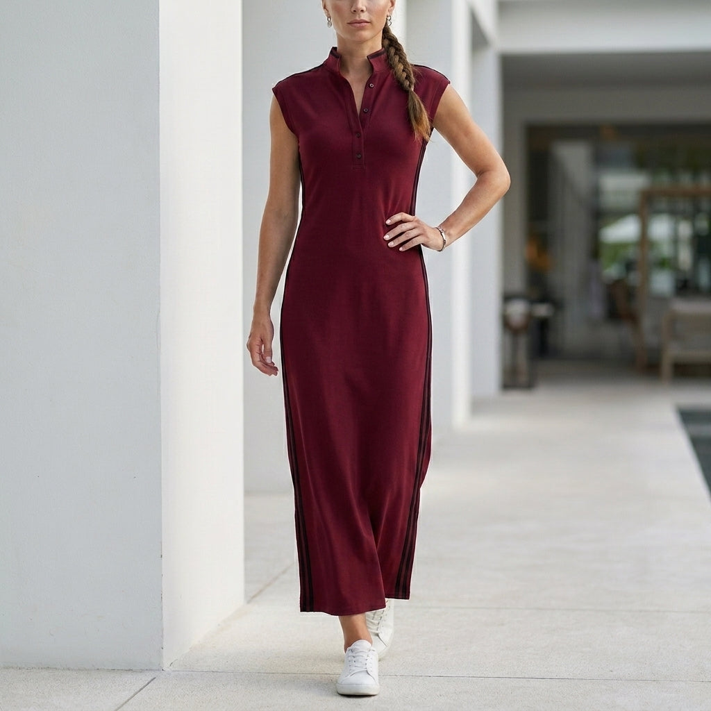 Sleeveless Henley Maxi Dress with Streamlined Side Stripes