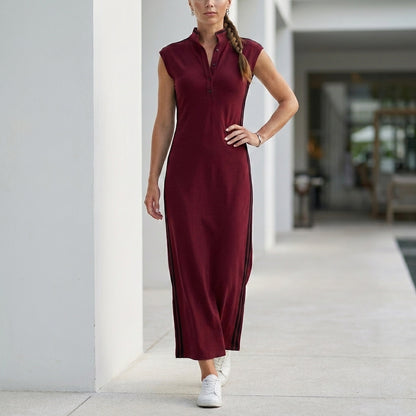 Sleeveless Henley Maxi Dress with Streamlined Side Stripes