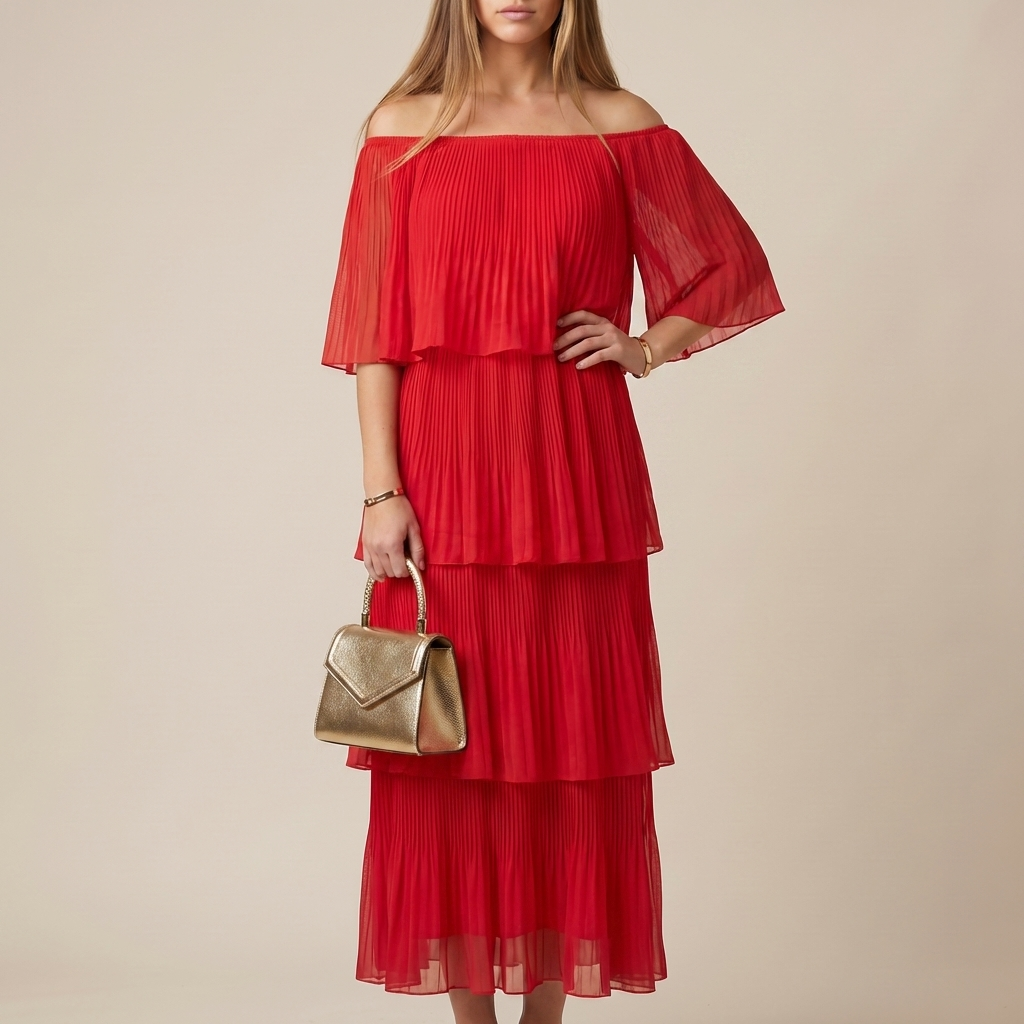Flowing Off-Shoulder Maxi Dress with Sheer Tiered Accordion Pleats