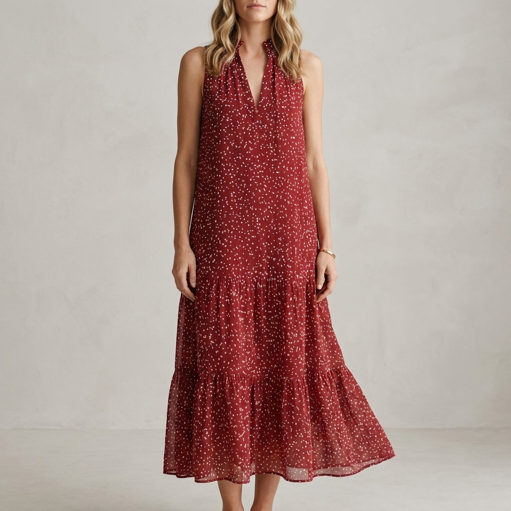 Flowing Sleeveless Printed Midi Dress with Ruffle Hem