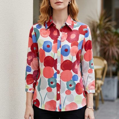 Artistic Floral Button-Up Blouse with Relaxed Silhouette