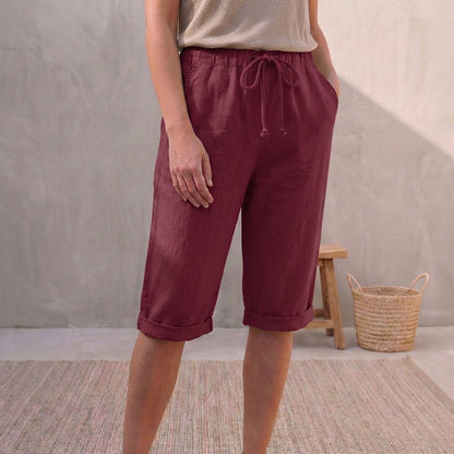 Linen Relaxed-Fit Capri Pants with Drawstring Waist and Cuffed Hem