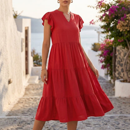 Tiered Flutter Sleeve Mini Dress with Notched Neckline