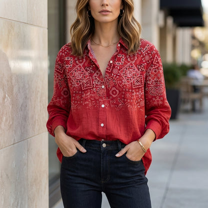 Abstract Print Oversized Blouse with Relaxed Coastal Resort Silhouette