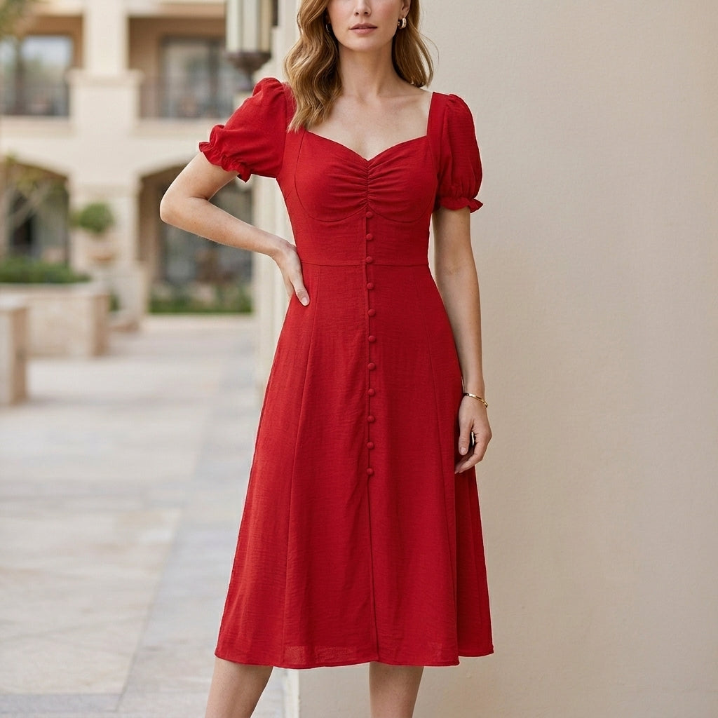 Sunset Muse Puff Sleeve Sweetheart Midi Dress
