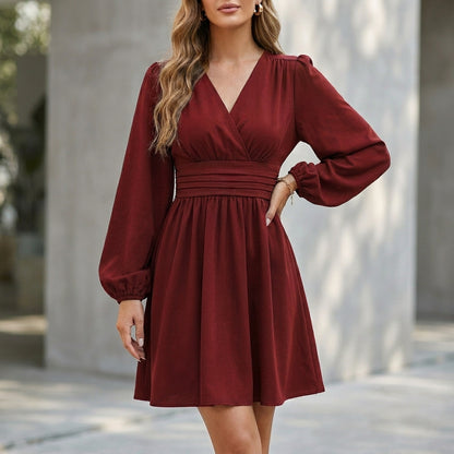 Wrap V-Neck Mini Dress – Bishop Sleeve Flared Skirt