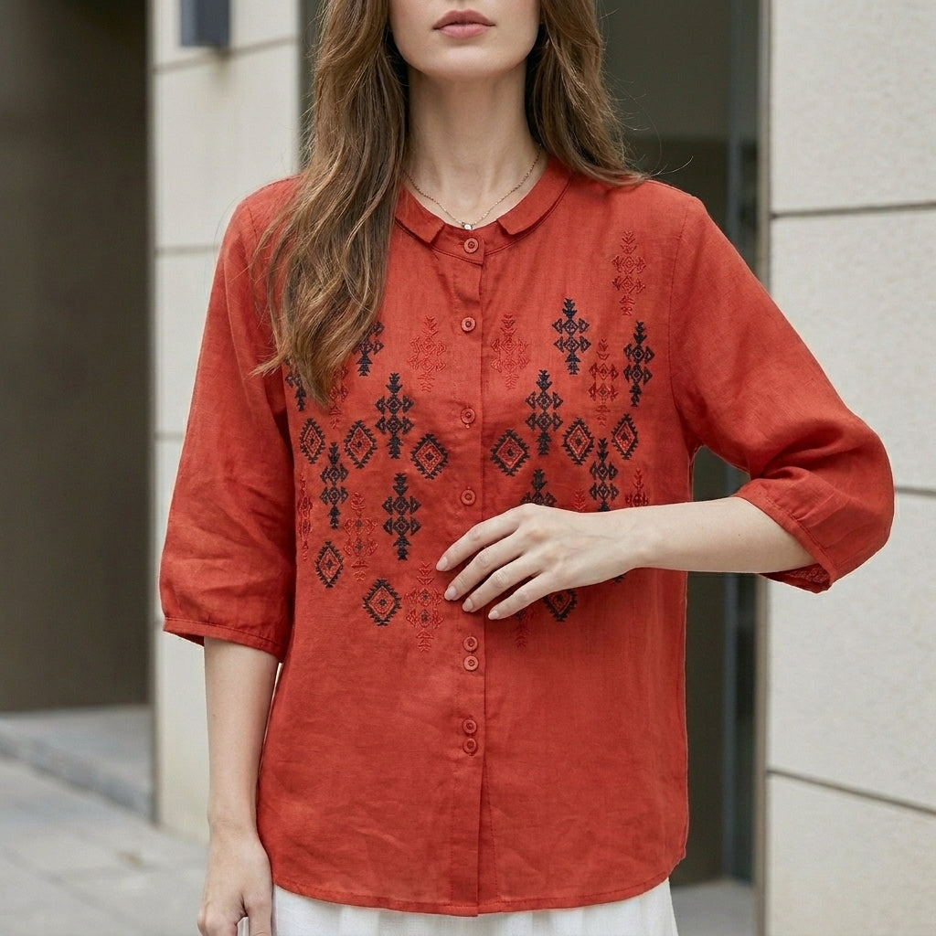 Embroidered Geometric Button-Down Blouse with Stand Collar and Relaxed Fit