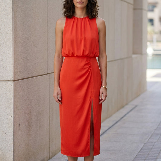 Sleeveless High Neck Side Slit Midi Dress