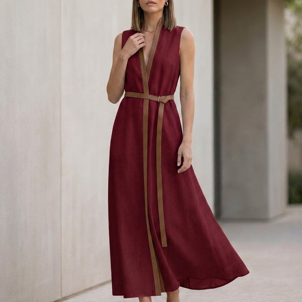 Elegant Sleeveless V-Neck Maxi Dress with Contrast Trim and Tie-Belt