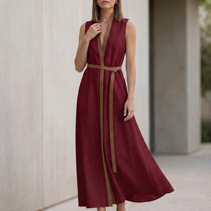Elegant Sleeveless V-Neck Maxi Dress with Contrast Trim and Tie-Belt
