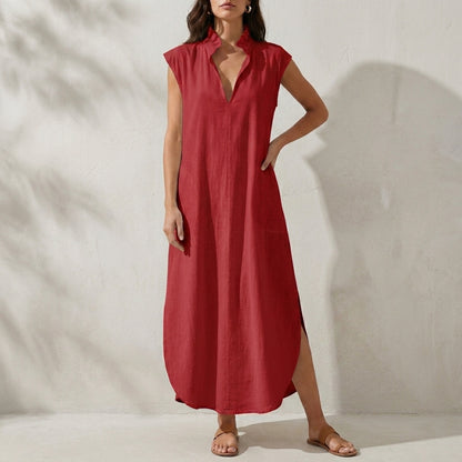 Relaxed Ruffle Collar Midi Dress with Side Pockets