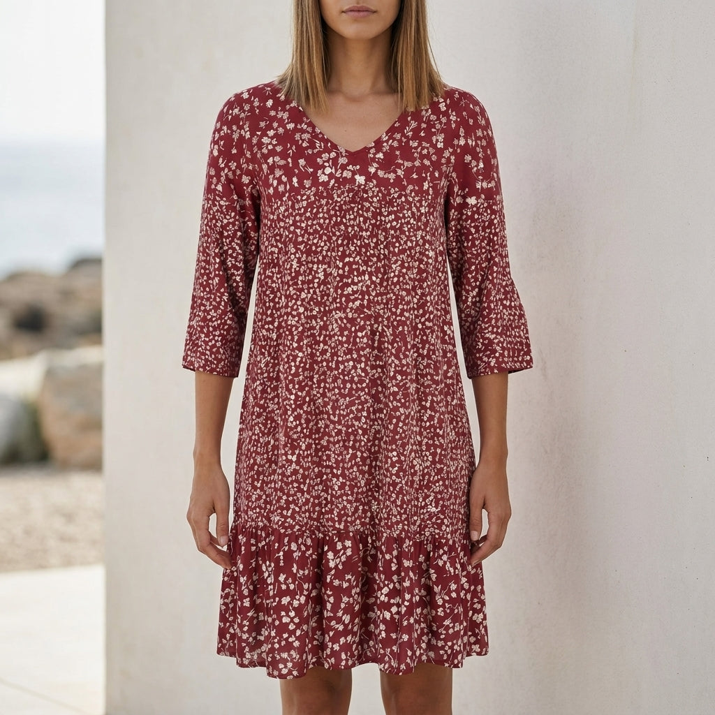 Relaxed Tiered A-Line Dress with V-Neck and 3/4 Sleeves in Fluid Draped Fabric