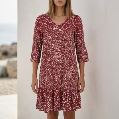 Relaxed Tiered A-Line Dress with V-Neck and 3/4 Sleeves in Fluid Draped Fabric