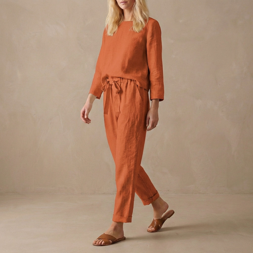 Relaxed Linen Two-Piece Set with Boat Neck Blouse and Drawstring Pants