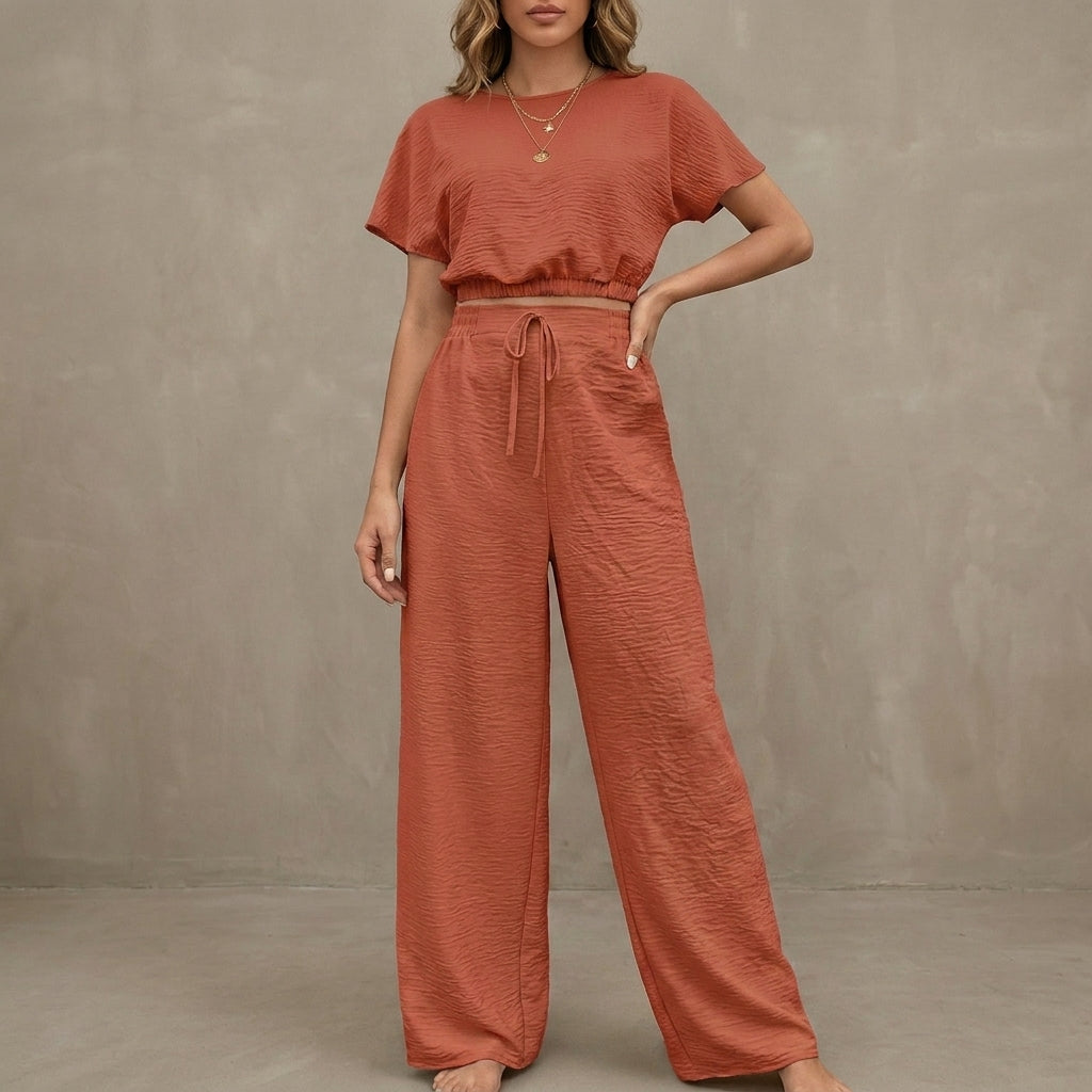 Coastal Breeze Textured Two-Piece Lounge Set with Wide-Leg Pants