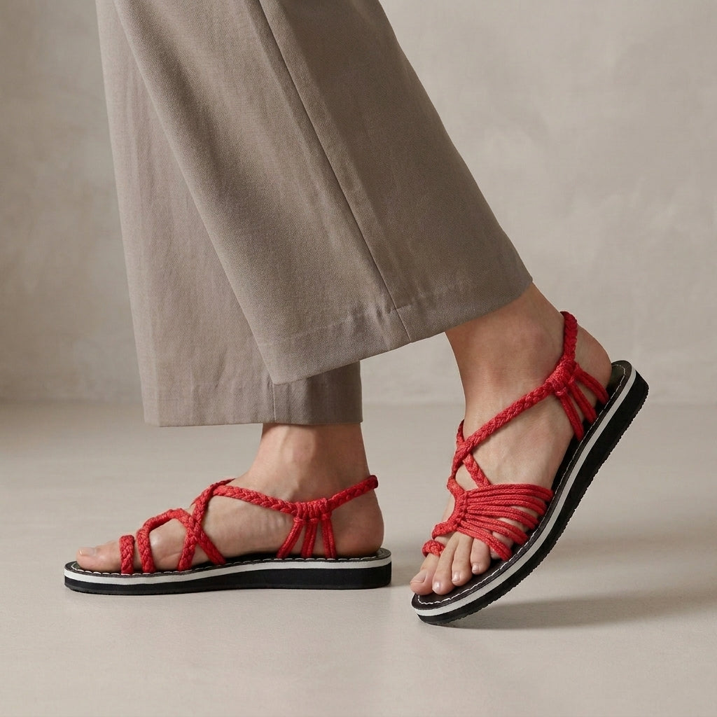 Braided Strappy Sandals with Wrapped Ankle and Contrast Stitching