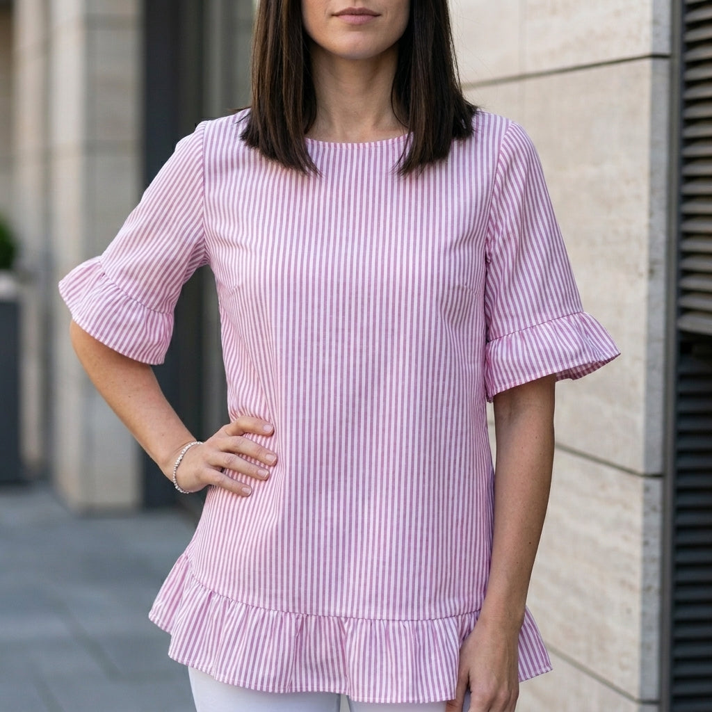 Relaxed Stripe Ruffle Hem Tunic Blouse for Women