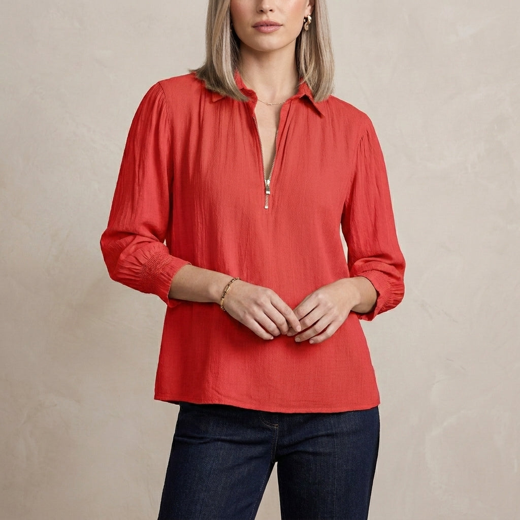 Relaxed Fit Half-Zip Pullover Blouse with Gathered Shoulders