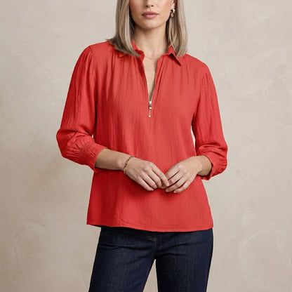 Relaxed Fit Half-Zip Pullover Blouse with Gathered Shoulders