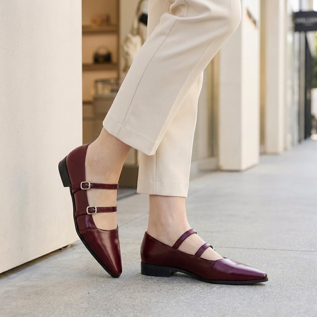 Structured Pointed-Toe Flats with Dual Buckle Straps and Low Heel