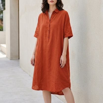 Relaxed Button-Front Midi Tunic Dress with Side Pockets