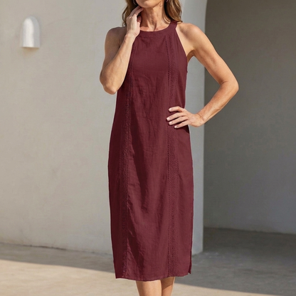 Relaxed Midi Halter Neck Dress with Vertical Lace Trim and Side Slits