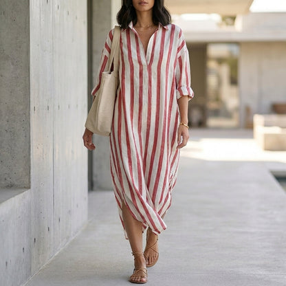 Relaxed Maxi Shirt Dress with Vertical Stripes and Classic Collar
