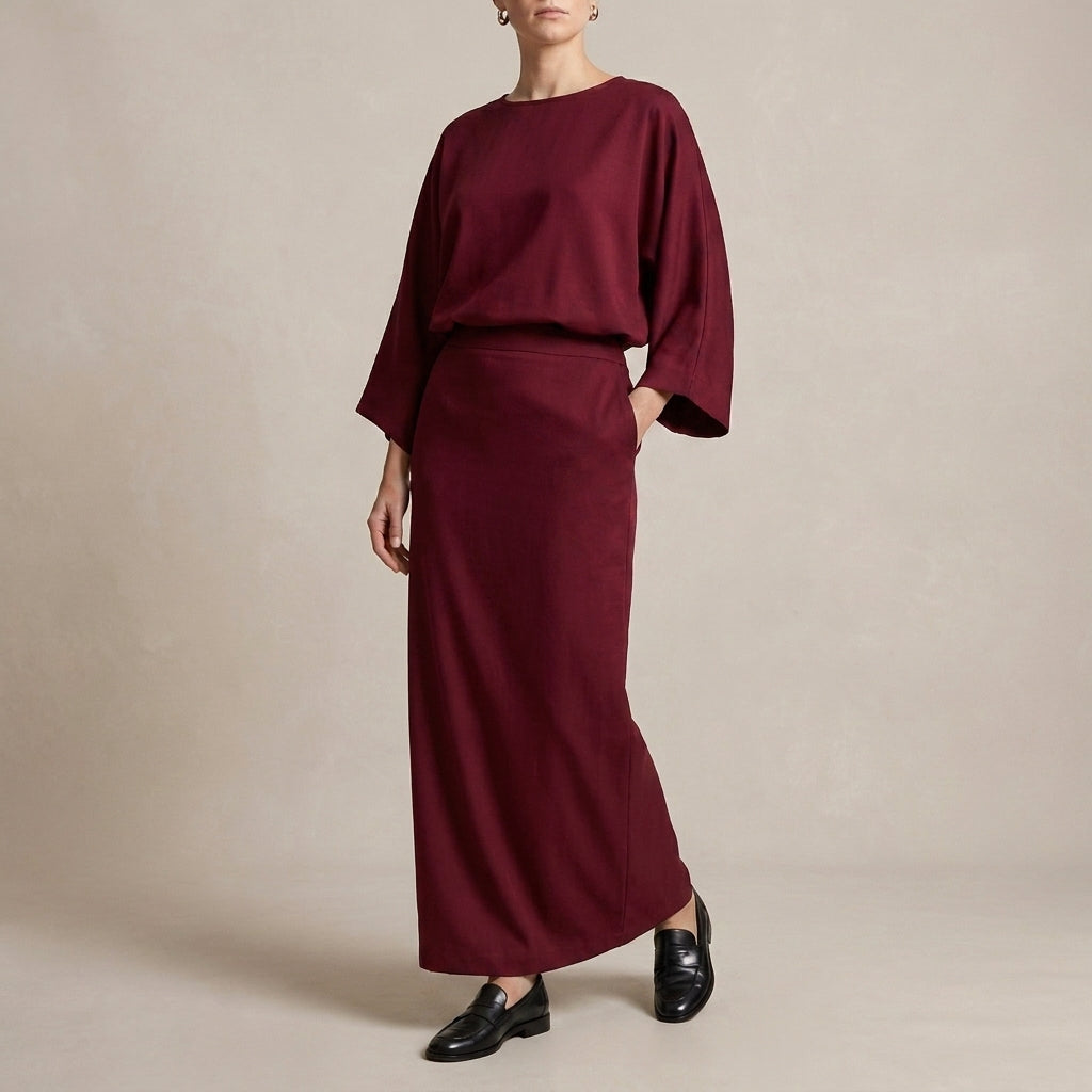 Two-Piece Textured Woven Skirt Suit with Draped High-Waist Silhouette