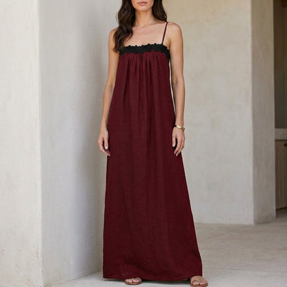 Contrast Trim Smocked Bodice Maxi Dress
