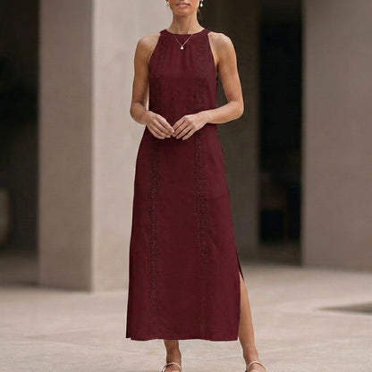 Relaxed Sleeveless Maxi Dress with Vertical Embroidered Panels and Side Slits