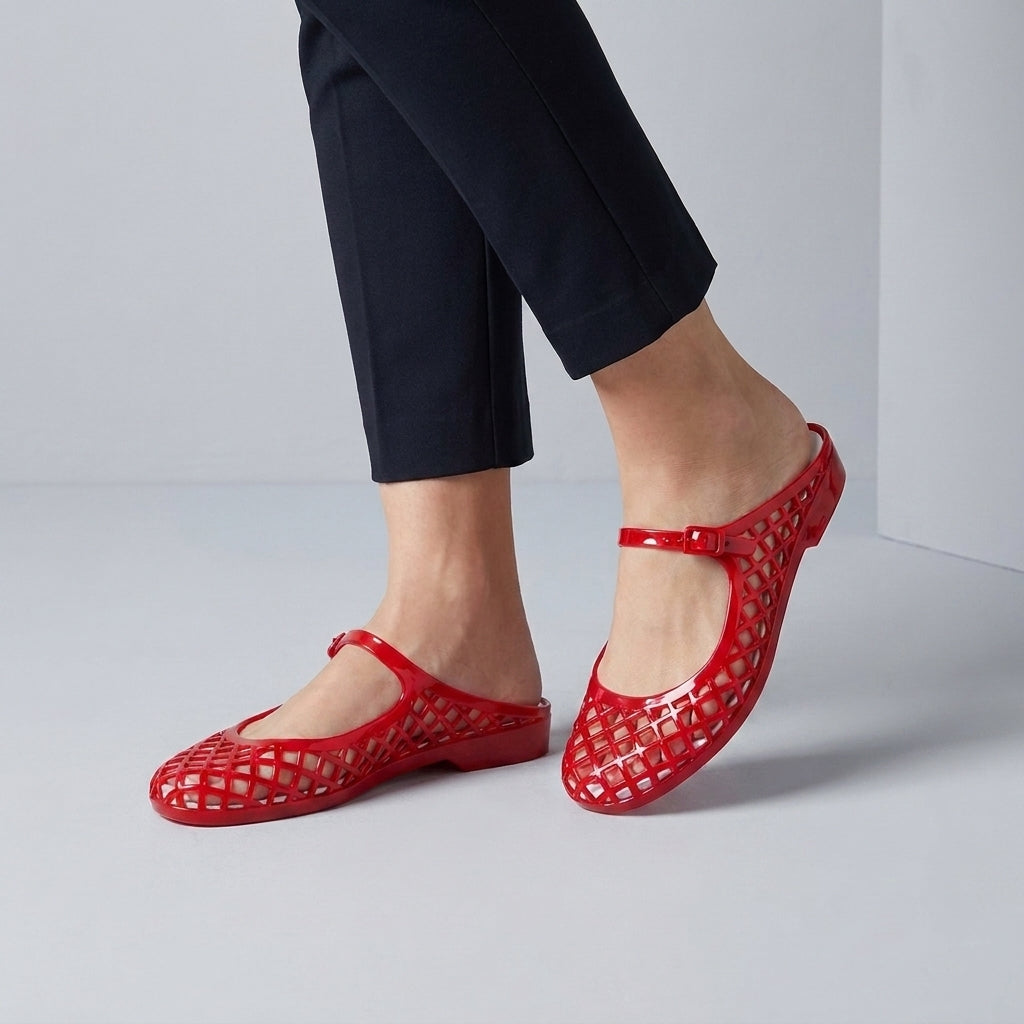 Structured Mary Jane Flat Sandals with Geometric Hollow-Out Lattice