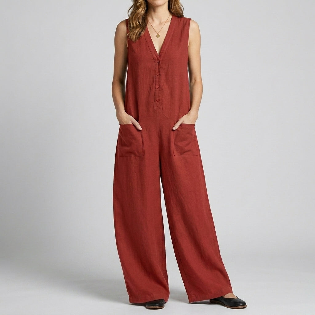 Relaxed Sleeveless Button Front Wide-Leg Jumpsuit