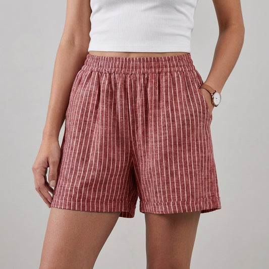 Relaxed Woven Vertical Stripe Mid-Thigh Shorts with Side Pockets