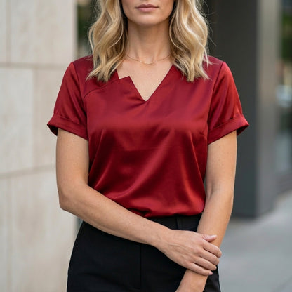 Chic Notched V-Neck Satin Blouse with Short Sleeves