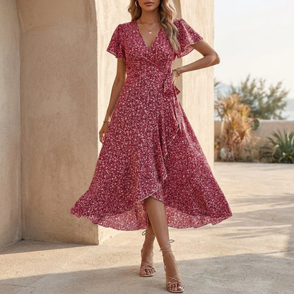Bohemian Wrap Maxi Dress with Tiered Ruffles and Flutter Sleeves