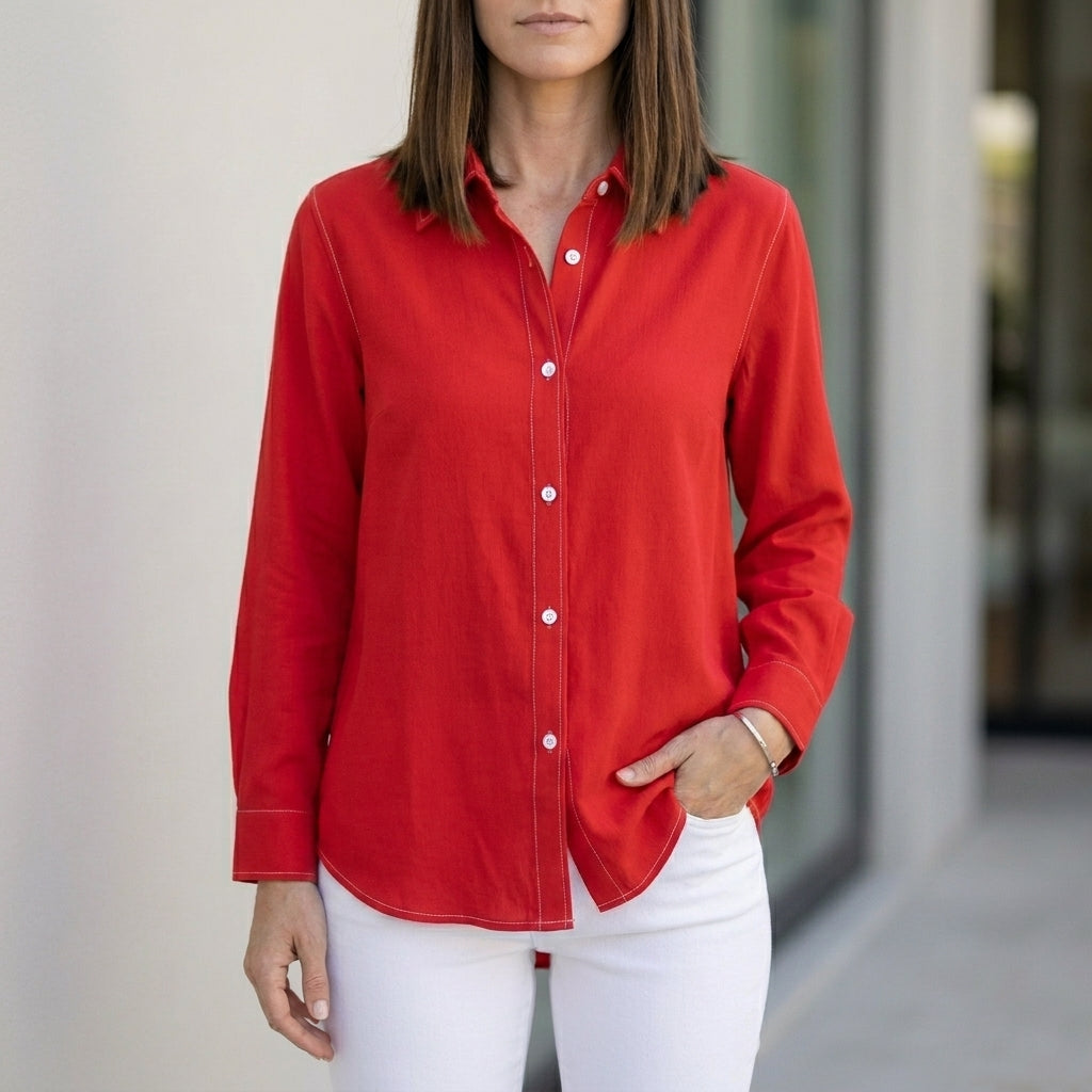 Relaxed Button-Up Blouse with Rolled Sleeve Cuff Detail