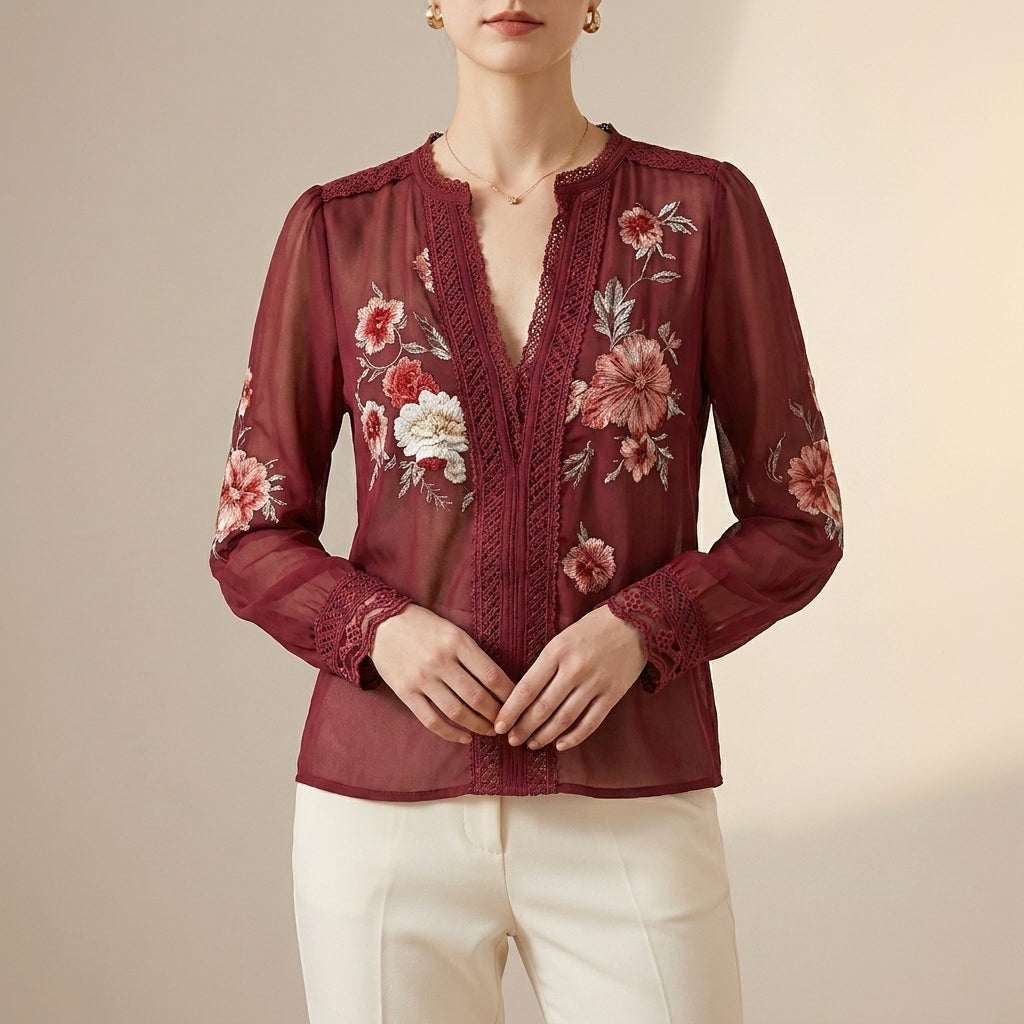 Flowing V-Neck Floral Blouse with Delicate Lace Trim and Sheer Sleeves