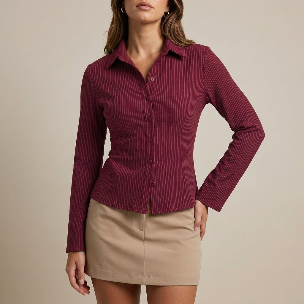 Tailored Fitted Shirt with Classic Collar and Fine Vertical Stripes