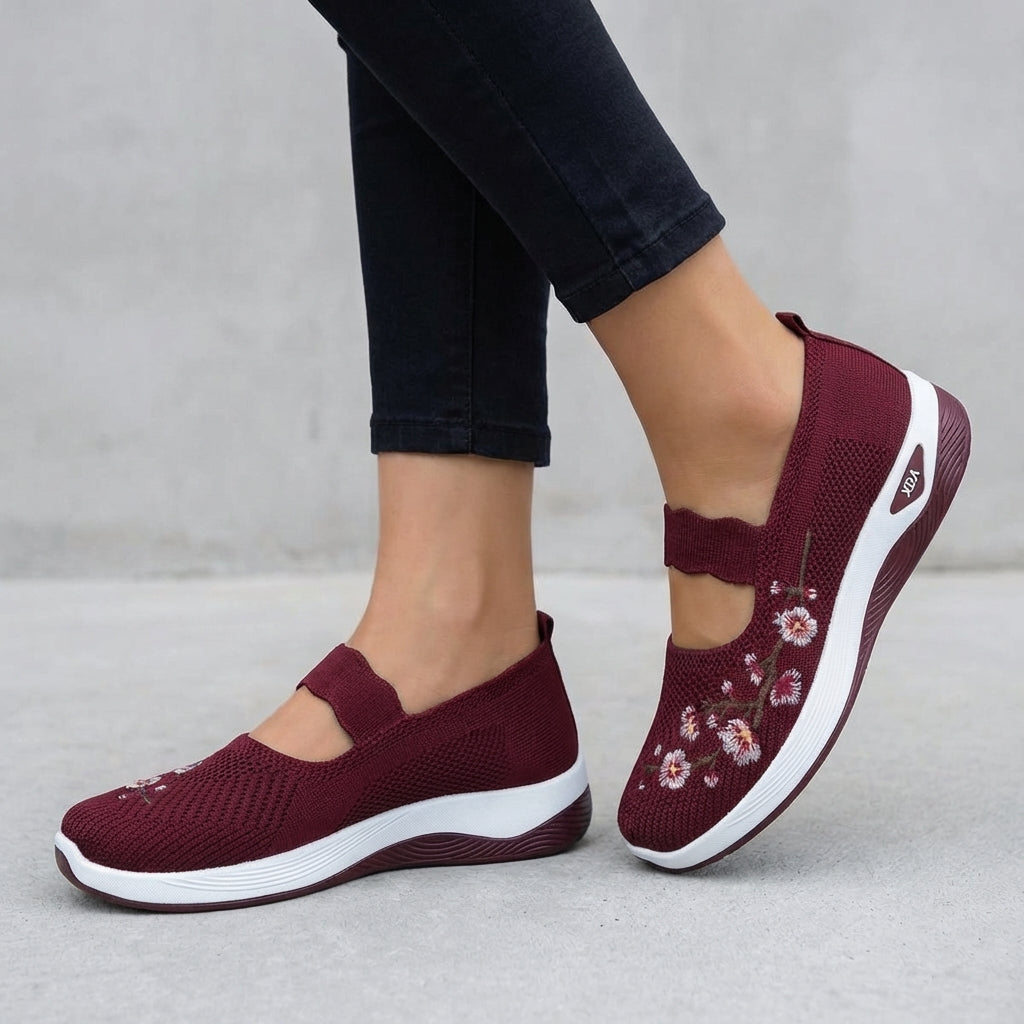 Knit Mesh Mary Jane Flats with Floral Embroidery and Scalloped Strap